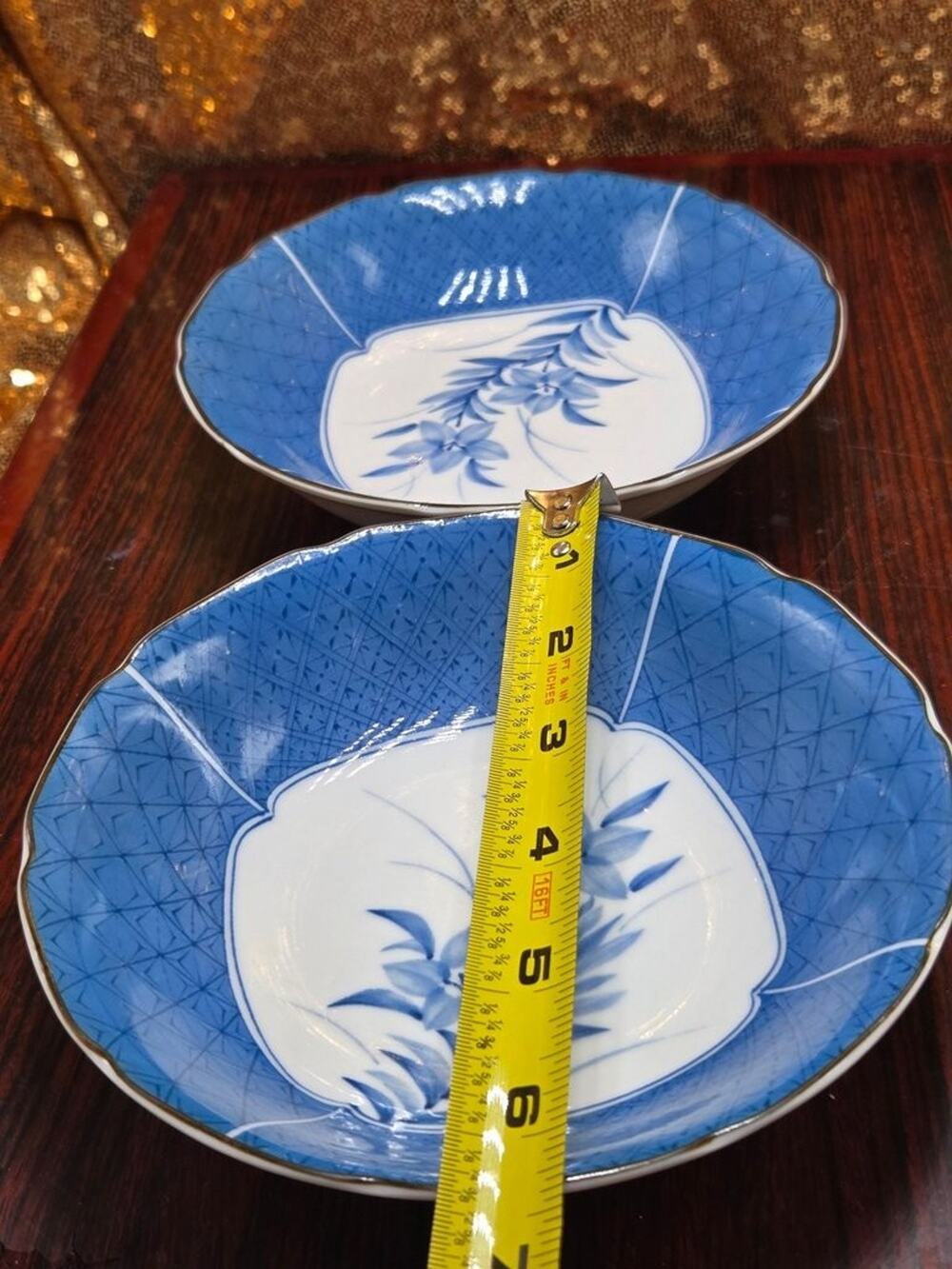 2 Vintage Japanese Blue White Sometsuke Scalloped Floral Serving Bowls